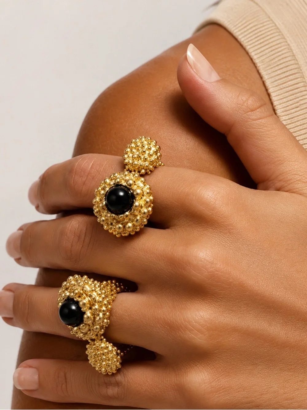 Gold Open Beaded Ring with Black Accent - Women's Jewelry